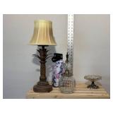 Mixed lot brass like candleholder candle lampshade, modern bubble, glass dish with silver metal pedestal soap dish, Matching pewter, topped, clear spiral pattern, glass apothecary Jar, New unused Hydr