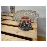 Mixed lot brass like candleholder candle lampshade, modern bubble, glass dish with silver metal pedestal soap dish, Matching pewter, topped, clear spiral pattern, glass apothecary Jar, New unused Hydr