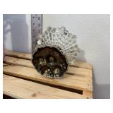 Mixed lot brass like candleholder candle lampshade, modern bubble, glass dish with silver metal pedestal soap dish, Matching pewter, topped, clear spiral pattern, glass apothecary Jar, New unused Hydr