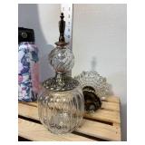 Mixed lot brass like candleholder candle lampshade, modern bubble, glass dish with silver metal pedestal soap dish, Matching pewter, topped, clear spiral pattern, glass apothecary Jar, New unused Hydr