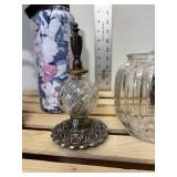 Mixed lot brass like candleholder candle lampshade, modern bubble, glass dish with silver metal pedestal soap dish, Matching pewter, topped, clear spiral pattern, glass apothecary Jar, New unused Hydr