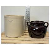 7 inch wide beam pot, great condition, lid intact & 1 gallon blue crown stoneware crock.