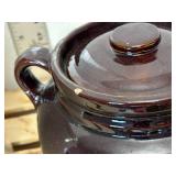 7 inch wide beam pot, great condition, lid intact & 1 gallon blue crown stoneware crock.