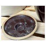 7 inch wide beam pot, great condition, lid intact & 1 gallon blue crown stoneware crock.