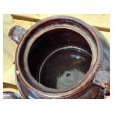 7 inch wide beam pot, great condition, lid intact & 1 gallon blue crown stoneware crock.