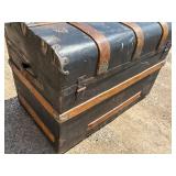 Antique, Steamer Travel Trunk Black Metal Wrapped with Oak, and Metal Embellishments and Leather Handles *Extra Ship Cost