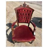 Victorian, red velvet, walnut parlor, sofa, loveseat, upholstery intact, no tears & Victorian Red Velvet parlor sitting chair with four original casters, upholstery all intact no tears