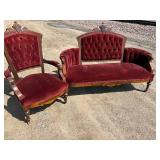 Victorian, red velvet, walnut parlor, sofa, loveseat, upholstery intact, no tears & Victorian Red Velvet parlor sitting chair with four original casters, upholstery all intact no tears
