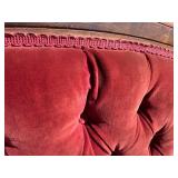 Victorian, red velvet, walnut parlor, sofa, loveseat, upholstery intact, no tears & Victorian Red Velvet parlor sitting chair with four original casters, upholstery all intact no tears