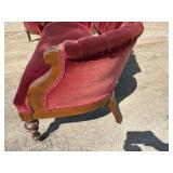 Victorian, red velvet, walnut parlor, sofa, loveseat, upholstery intact, no tears & Victorian Red Velvet parlor sitting chair with four original casters, upholstery all intact no tears