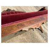Victorian, red velvet, walnut parlor, sofa, loveseat, upholstery intact, no tears & Victorian Red Velvet parlor sitting chair with four original casters, upholstery all intact no tears