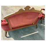 Victorian, red velvet, walnut parlor, sofa, loveseat, upholstery intact, no tears & Victorian Red Velvet parlor sitting chair with four original casters, upholstery all intact no tears