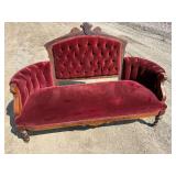 Victorian, red velvet, walnut parlor, sofa, loveseat, upholstery intact, no tears & Victorian Red Velvet parlor sitting chair with four original casters, upholstery all intact no tears