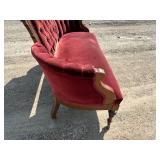 Victorian, red velvet, walnut parlor, sofa, loveseat, upholstery intact, no tears & Victorian Red Velvet parlor sitting chair with four original casters, upholstery all intact no tears