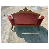 Victorian, red velvet, walnut parlor, sofa, loveseat, upholstery intact, no tears & Victorian Red Velvet parlor sitting chair with four original casters, upholstery all intact no tears