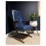 Mid-Century Modern Blue Vinyl Sled Base Lounge Chair