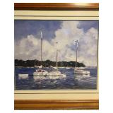 "Moored Cat Boats" by Ray Ellis – Framed Nautical Fine Art Print (31.5" x 35")