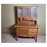 Antique Wooden Hoosier Cabinet with Glass Panel Doors