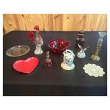 Collection of Decorative Glass and Ceramic Items with Doily Inc Enesco Musical Eagle Playing "Born Free"