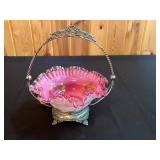 Fenton Glass Bear, Beautiful Antique Pink Glass Basket in Stand & Misc Crystal and Glass Decor Pieces
