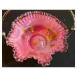 Fenton Glass Bear, Beautiful Antique Pink Glass Basket in Stand & Misc Crystal and Glass Decor Pieces