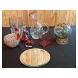 VTG Fenton Cranberry Glass 7" Ruffle-Top CRUET w/ Stopper & Assorted Decorative Glass Items
