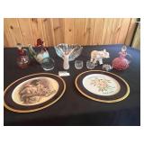 Fenton Cranberry Opalescent Hobnail Cruet & VTG Collection of Decorative Plates and Figurines Including Frances Hook Numbered Plate and Willow Tree "Courage"