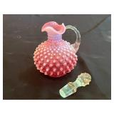 Fenton Cranberry Opalescent Hobnail Cruet & VTG Collection of Decorative Plates and Figurines Including Frances Hook Numbered Plate and Willow Tree "Courage"