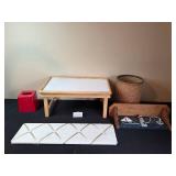 Assorted Home Decor Collection with Table, Wastebasket, and Shelf