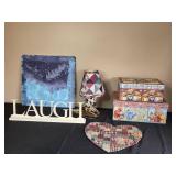 Decorative Home Accent Collection Including Lamp, Sign, Art, Boxes, and Mat