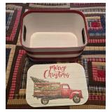 Red and White Striped Holiday Metal Storage Tin with Christmas Lid