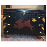 Hand-Painted Folk Art Storage Chest with Rabbit Design