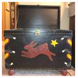 Hand-Painted Folk Art Storage Chest with Rabbit Design
