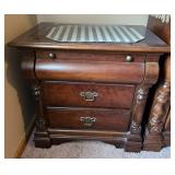 Antique Wooden Two-Drawer Nightstand with Brass Tone Accents