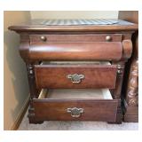 Antique Wooden Two-Drawer Nightstand with Brass Tone Accents