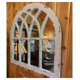 Arch Window Pane Mirror and Wicker Console Table