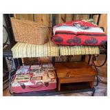 Home Decor Set with Wicker Basket, Quilted Throw, Decorative Suitcase, and Wooden Step Stool