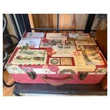 Home Decor Set with Wicker Basket, Quilted Throw, Decorative Suitcase, and Wooden Step Stool