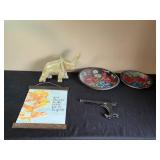 Vintage Mexican Painted Plate Set & Carved Elephant Sculpture