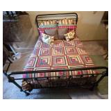 Double Bed W Iron Head/Footboards & Quilted Patchwork Bedding Set with Pillow Collection