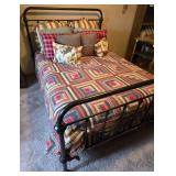 Double Bed W Iron Head/Footboards & Quilted Patchwork Bedding Set with Pillow Collection