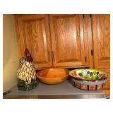 Set of Decorative Bowls and Stained Glass Rooster Lamp