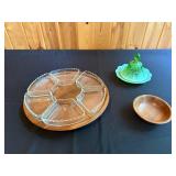 Vintage Glass and Wood Serving Set with Divided Dish, Fenton Glass Butter Dish, and Wooden Bowl