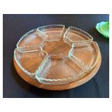 Vintage Glass and Wood Serving Set with Divided Dish, Fenton Glass Butter Dish, and Wooden Bowl