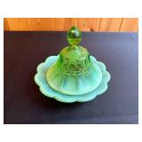 Vintage Glass and Wood Serving Set with Divided Dish, Fenton Glass Butter Dish, and Wooden Bowl