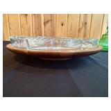 Vintage Glass and Wood Serving Set with Divided Dish, Fenton Glass Butter Dish, and Wooden Bowl