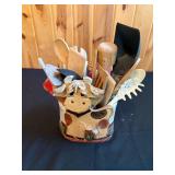 Ceramic Cow-Theme Utensil Holder with Various Kitchen Utensils
