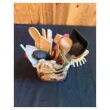Ceramic Cow-Theme Utensil Holder with Various Kitchen Utensils