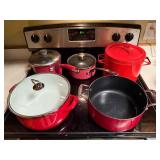 Set of Red Cookware Pots and Pans by KitchenAid and Farberware