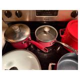 Set of Red Cookware Pots and Pans by KitchenAid and Farberware